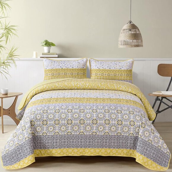 New Yellow Bohemian Floral 3 Piece Polyester Quilt Set • Reversible • KING Size - Picture 2 of 3